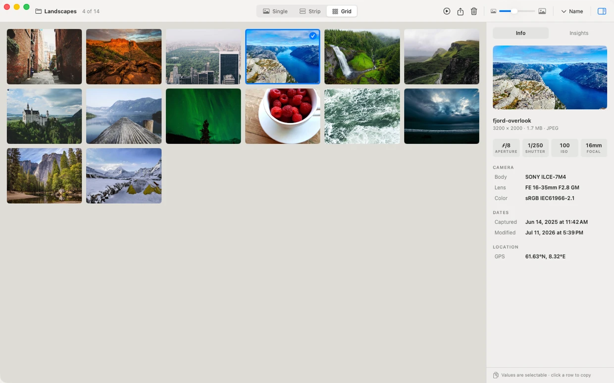 StillView grid view of a Landscapes folder with the info panel open