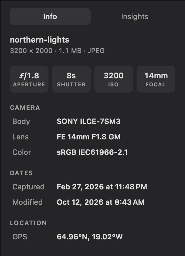 StillView’s Info inspector showing camera, exposure, date, and GPS fields with sample metadata