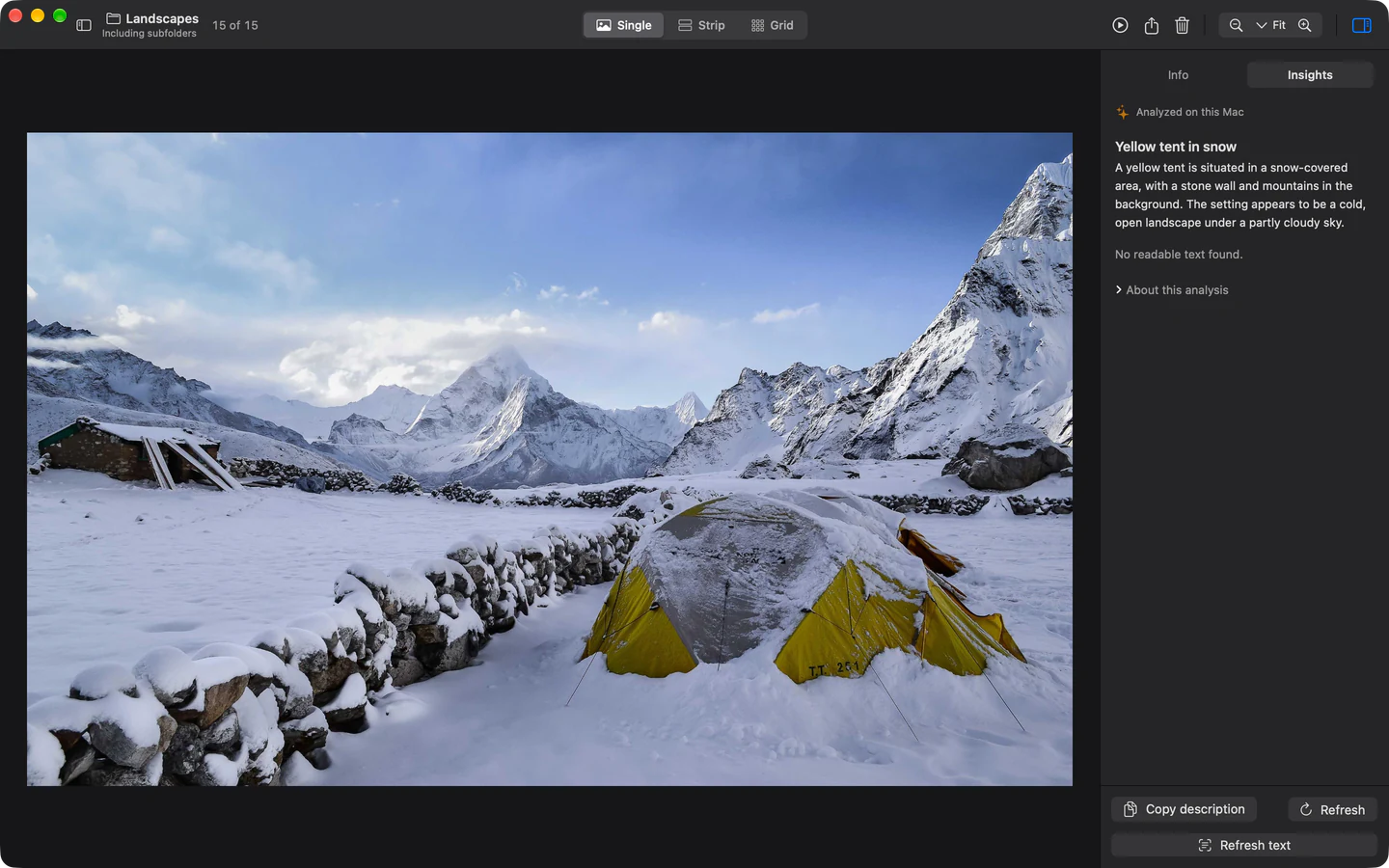 A yellow tent in snow, with StillView’s real Apple Intelligence description in the Insights inspector