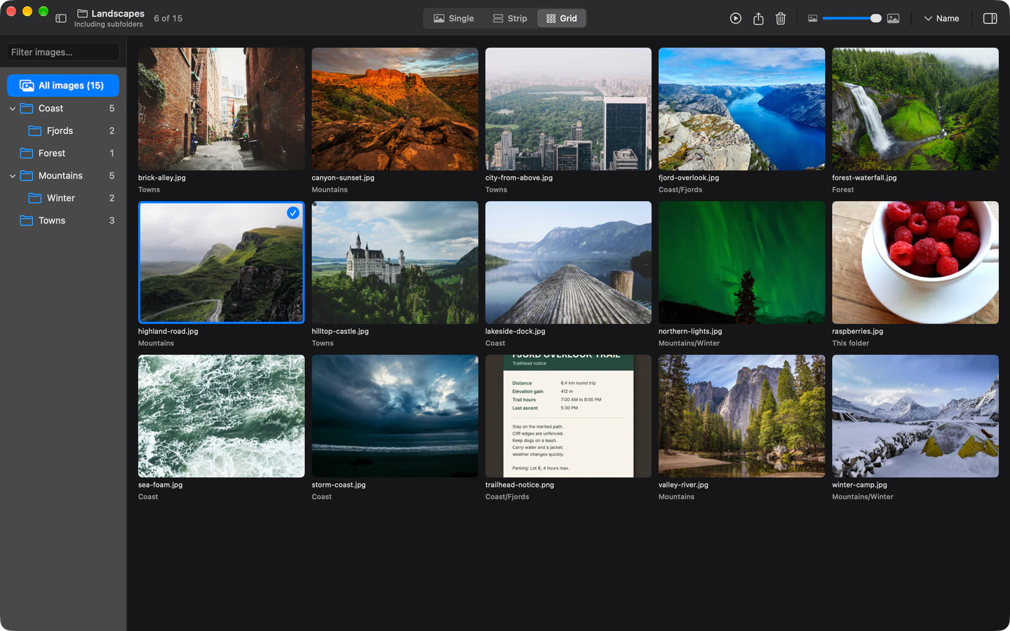 StillView showing 15 images together, with Coast, Mountains, and Winter folders in the sidebar