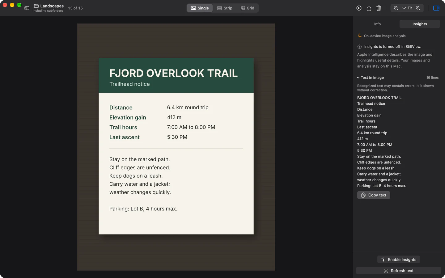 A fictional trailhead notice with 16 recognized lines and Copy text, while AI descriptions are turned off